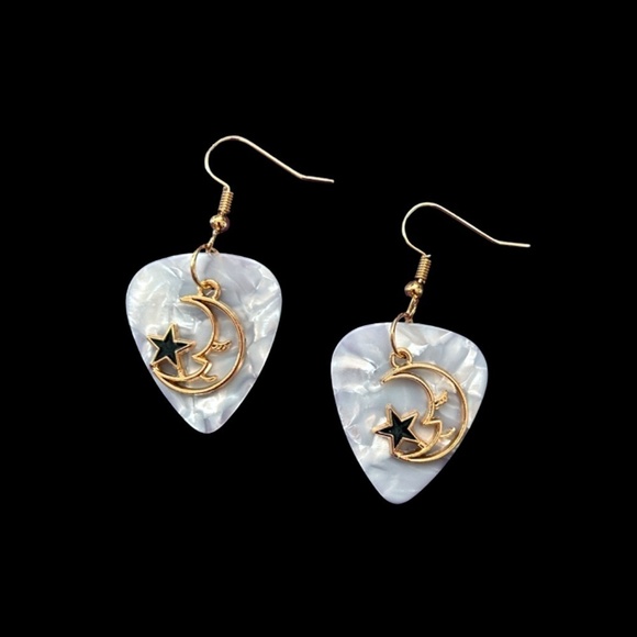 Hand Crafted Earrings Repurposed Guitar Picks Man in the Moon Starry Night NIP - Picture 3 of 9